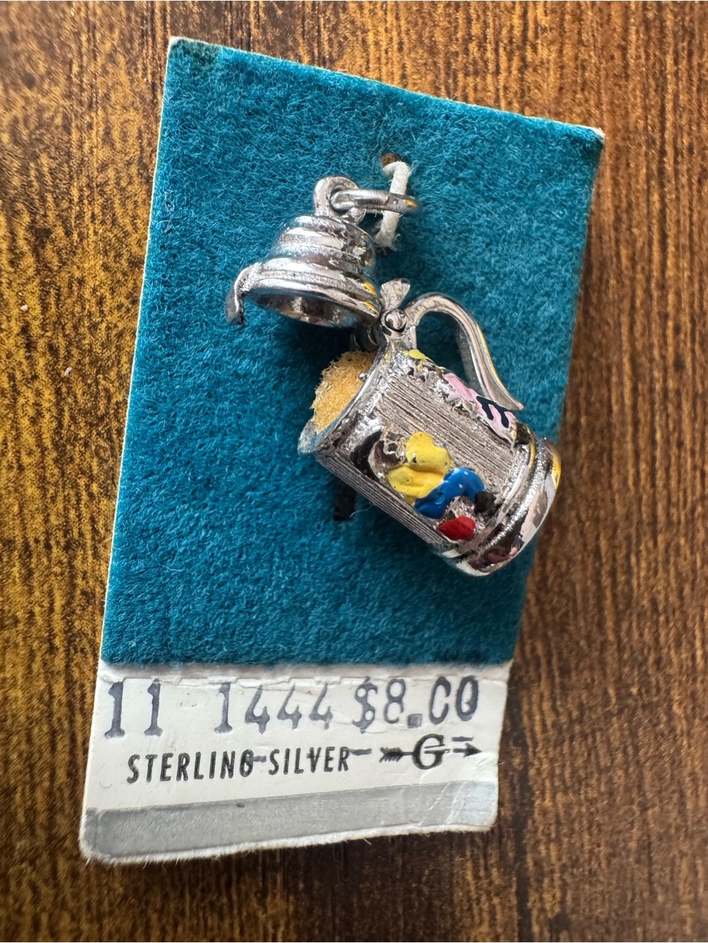 Vintage Sterling Silver Beer Stein Charm Mechanical Opening Lid Enamel NOS‎